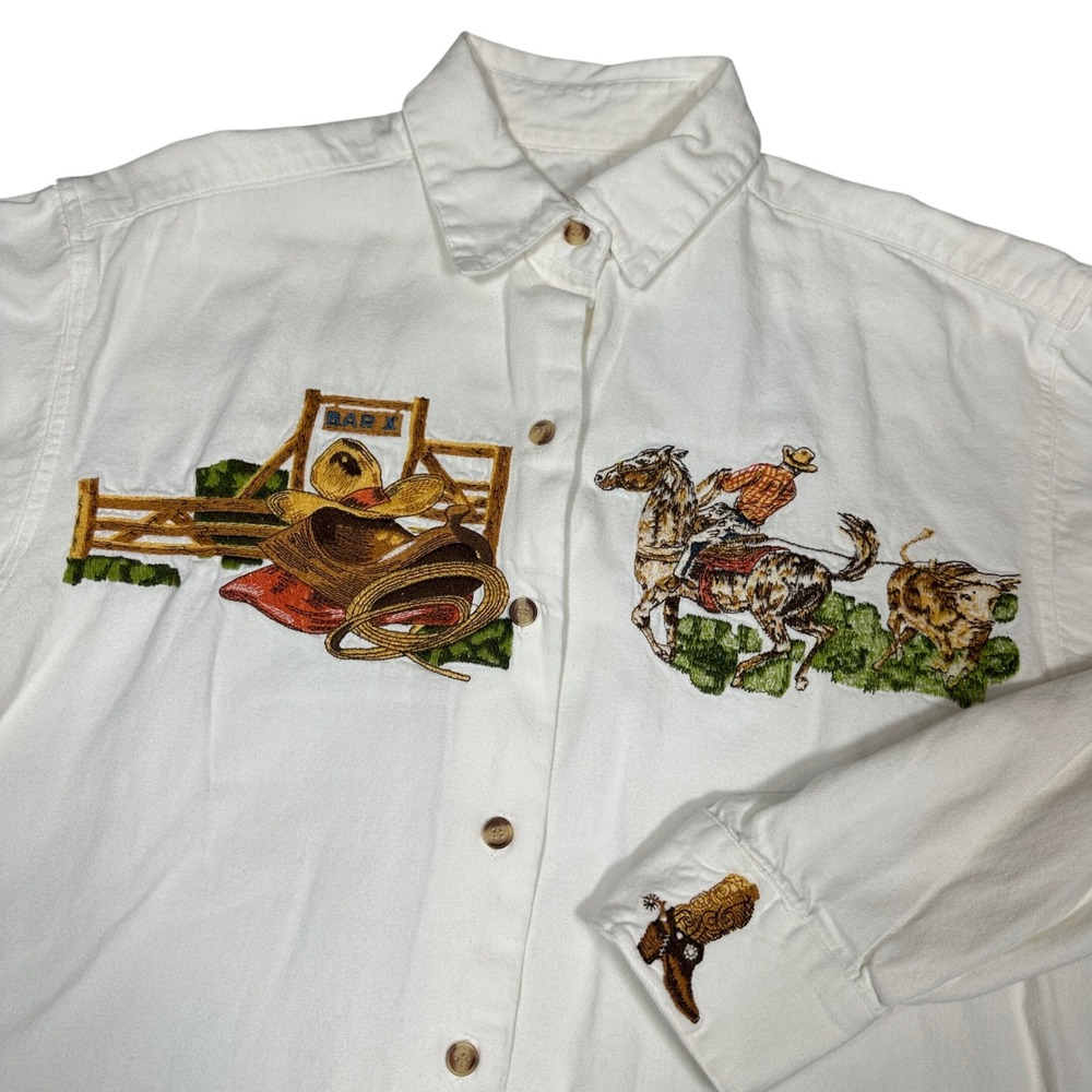 Vintage Western Embroidered Button Down Shirt White Twill Cowboy Bar X Ranch